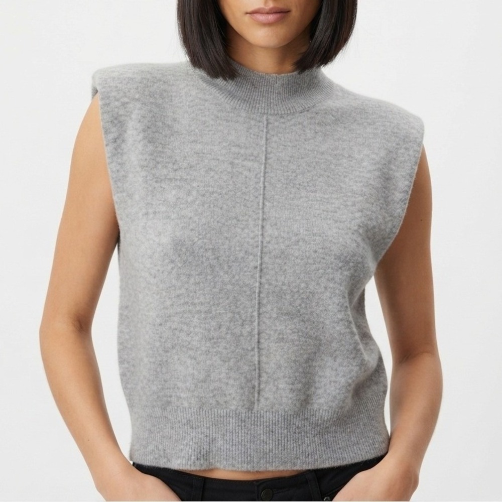 Skies Are Blue Shoulder Pad Mock Neck Sweater Vest Sleeveless Top Grey Small